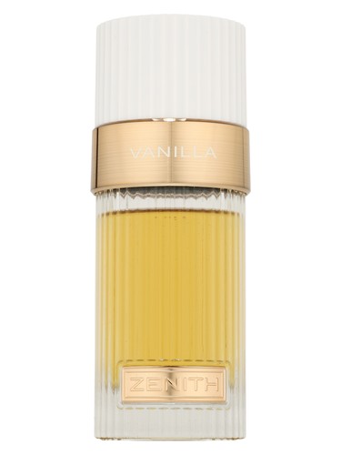 The French Avenue Zenith Vanilla 100ml EDP perfume comes in a clear bottle with a ribbed white cap, gold "Vanilla" band, and yellow liquid—ideal for anyone who loves the timeless scent of vanilla.