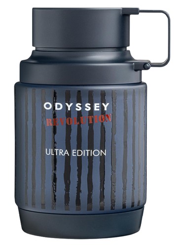 A dark bottle labeled “Armaf Odyssey Revolution 100ml EDP,” featuring vertical black stripes and a handle attached to the lid, this striking design perfectly captures the bold character of Armaf’s sophisticated men’s fragrance.