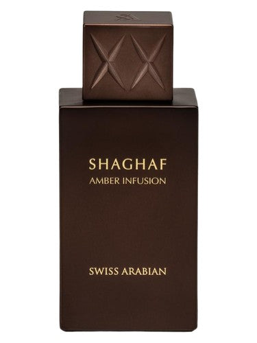 The Swiss Arabian Shaghaf Amber Infusion 75ml EDP features a rectangular dark brown bottle with a matching square cap, capturing the rich amber allure of Swiss Arabian’s Shaghaf Amber collection.