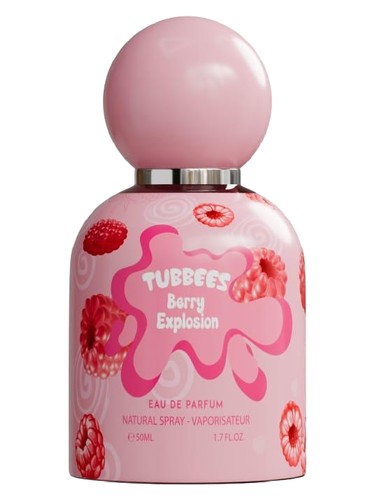 The Tubbies Tubbees Berry Explosion Eau de Parfum features a pink bottle with raspberries and a round cap, capturing this unisex fragrance's fruity essence. Enjoy the sensational scent of Berry Explosion by Tubbies.
