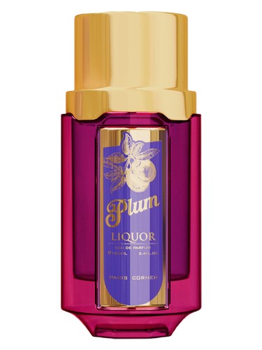 Paris Corner Plum Liquor 100ml EDP is a luxurious unisex fragrance with a fruity gourmand profile, presented in a bottle with a gold cap, purple label, and plum illustration.