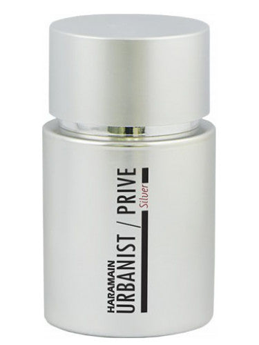A jar of Haramain Urbanist Prive Silver 100ml Eau De Parfum with a silver lid on a white background, by PENDORA.