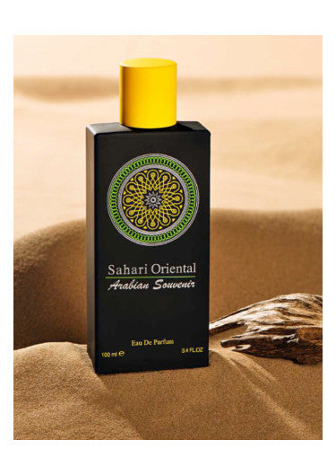 A black and yellow AL Musbah Sahari Oriental 90ml Eau De Parfum bottle labeled 