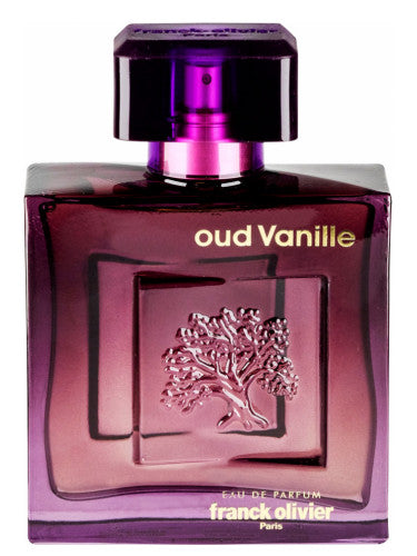 The purple rectangular bottle of "Franck Olivier Oud Vanille 100ml EDP" showcases an embossed tree design and the signature "Franck Olivier Paris" text at the base, embodying an oriental woody fragrance.
