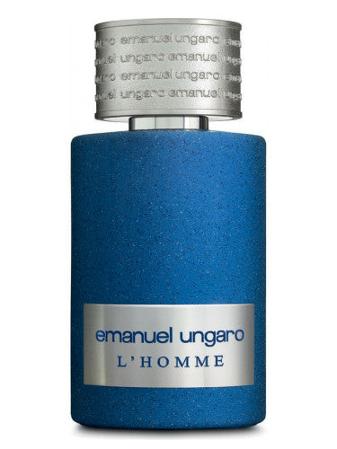 The Emanuel Ungaro L'Homme 50ml EDT by Ungaro boasts a blue textured bottle and a metallic cap with embossed text, offering a distinguished men's fragrance.