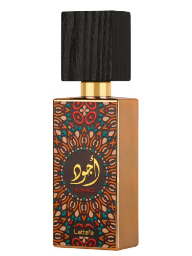 A Lattafa Ajwad 60ml Eau de Parfum bottle with arabic calligraphy on it, by Fragrance World.