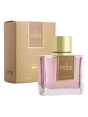 The Rue Broca Pride Pour Femme 100ml EDP bottle with a gold cap stands beside its matching gold and beige box, reflecting the brand’s elegant Oriental Floral fragrance.