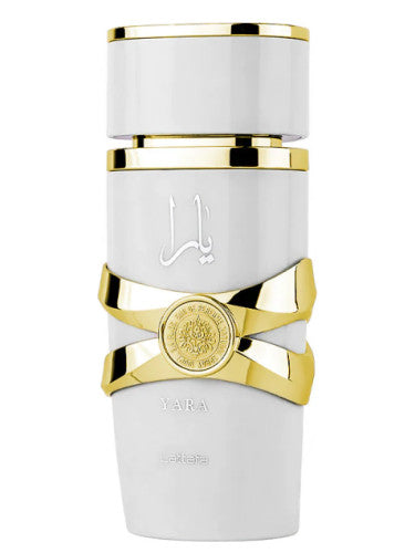 The Lattafa Yara Moi 100ml Eau de Parfum, presented in a stunning white and gold bottle with a golden trim, is an exquisite Eau De Parfum that exudes luxury.
