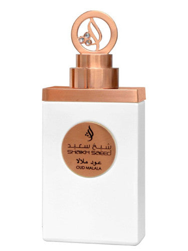 Load image into Gallery viewer, A bottle of Lattafa Shaik Saeed Oud Malala 100ml Eau De Parfum perfume with Arabic calligraphy on the label and an ornamental cap, infused with a Floral Woody Musk fragrance.
