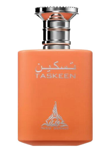 A 100ml Paris Corner Taskeen Eau De Parfum bottle in orange with silver accents and Arabic text—a unisex fragrance by Paris Corner.