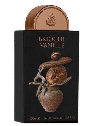 The black Lattafa Brioche Vanille 100ml Eau de Parfum box showcases bread, twigs, and a stone-like design, embodying the essence of an Oriental Vanilla fragrance.