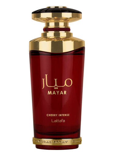 The Lattafa Mayar Cherry Intense 100ml Eau De Parfum by Lattafa features a red and gold bottle with Arabic script, a decorative cap and base, embodying the allure of an Oriental Vanilla fragrance.