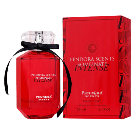 An intense red Pendora Scents Bombinate Intense 100ml Eau De Parfum with a red box.