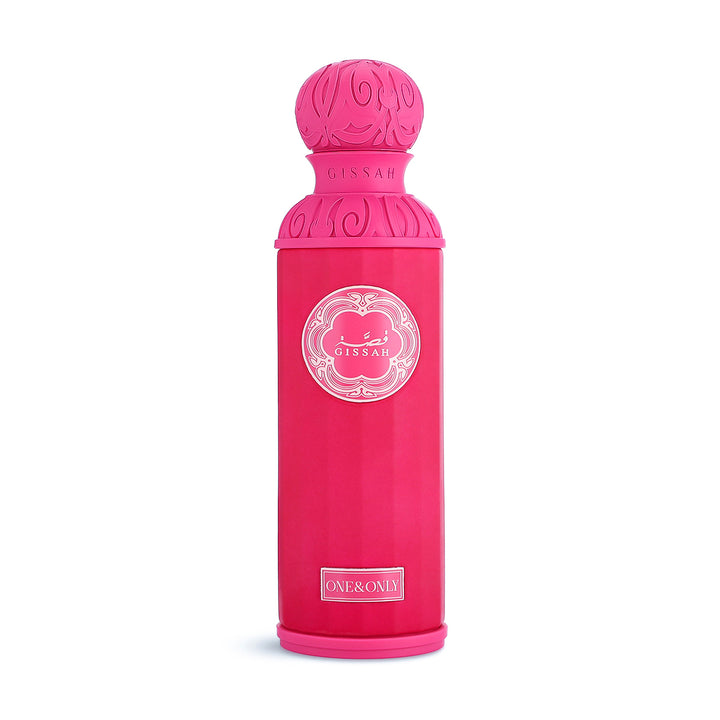 A vibrant pink "Gissah One and Only" Eau De Parfum 200ml by Gissah, featuring ornate detailing, is showcased against a white background—a captivating unisex fragrance.