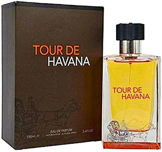 A bottle of "Fragrance World Tour De Havana" Eau de Parfum for Men next to its packaging box, which features bicycle graphics and text.
