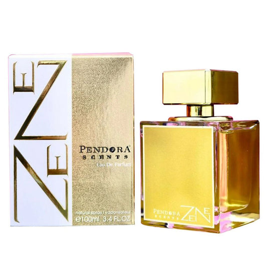 A bottle of "Pendora Zene 100ml Eau de Parfum" for Men & Women, next to its packaging box, which is adorned with gold and white design elements.