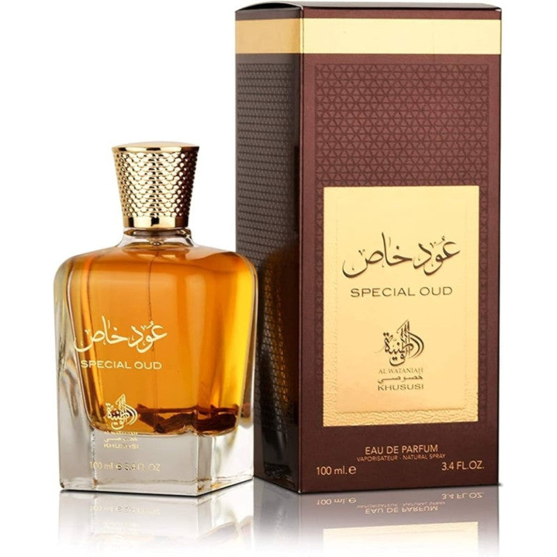 A 100ml bottle of Al Wataniah Special Oud EDP by Al Wataniah is displayed beside its brown and gold box, which features both Arabic and English text.