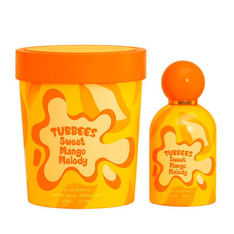 The Tubbies Sweet Mango Melody 50ml unisex perfume comes in a bright yellow and orange bottle with a matching cylindrical box, delivering a vibrant mango fragrance.
