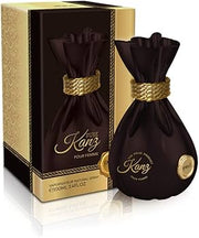 A black and gold pouch-shaped bottle of Pure Kanz Pour Femme 100ml EDP by Rio Perfumes sits beside its decorative box, offering a long-lasting, elegant fragrance for women.