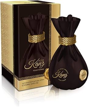 A black and gold pouch-shaped bottle of Pure Kanz Pour Femme 100ml EDP by Rio Perfumes sits beside its decorative box, offering a long-lasting, elegant fragrance for women.