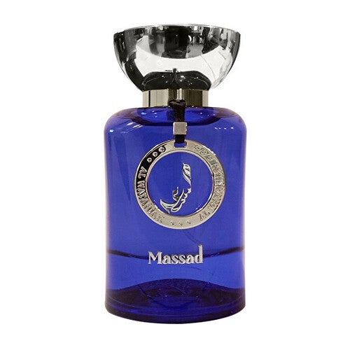 A luxurious fragrance, the Al Wataniah Massad 100ml EDP features a striking blue glass bottle adorned with a silver cap and a round silver emblem on the front, embodying the elegance and sophistication of Al Wataniah.