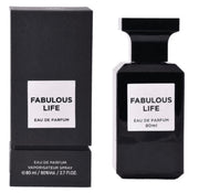 A sleek black bottle of Fragrance World Fabulous Life 80mL EDP stands next to its coordinating box, providing an affordable option for anyone desiring a long-lasting woody-leather scent. This unisex leather fragrance from Fragrance World embodies sophistication and versatility in every spray.
