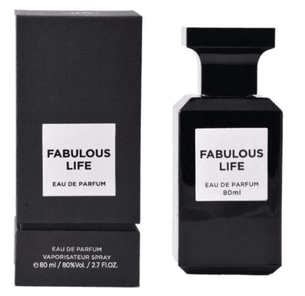 A sleek black bottle of Fragrance World Fabulous Life 80mL EDP stands next to its coordinating box, providing an affordable option for anyone desiring a long-lasting woody-leather scent. This unisex leather fragrance from Fragrance World embodies sophistication and versatility in every spray.