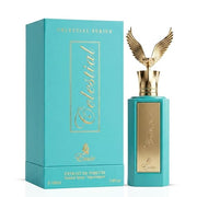 Paris Corner Emir Celestial 100ml Extrait De Parfum is presented in a turquoise bottle with a striking gold eagle cap, shown beside its matching “Celestial Series” box. This luxurious niche fragrance by Paris Corner is crafted for those who seek elegance and sophistication.
