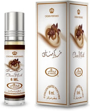 A 6ml bottle of Crown Perfumes Choco Musk Concentrated Perfume oil is shown with its gold and brown-accented box, featuring a delightful unisex fragrance.