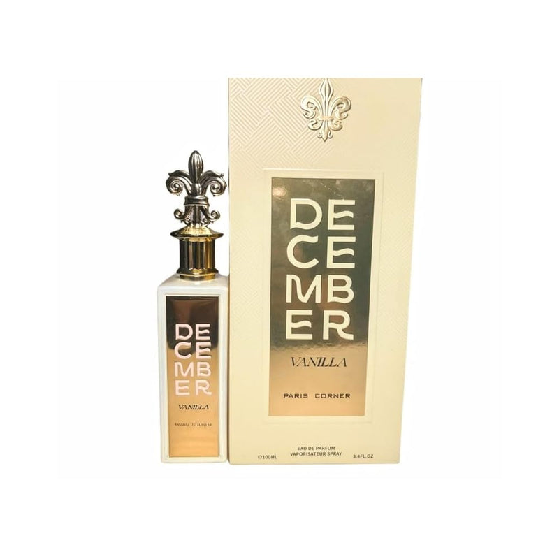 Load image into Gallery viewer, A bottle of Rio Perfumes &quot;Paris Corner December Vanille&quot; 100ml Eau De Parfum next to its packaging box with a fleur-de-lis symbol and text indicating &quot;Paris Corner.
