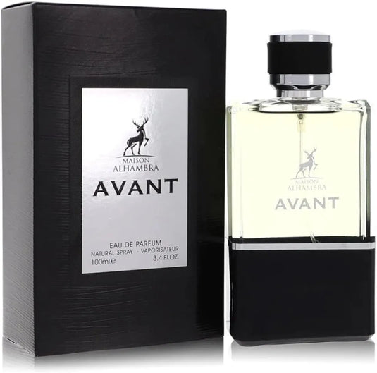 A bottle of Maison Alhambra Avant 100ml Eau de Parfum is shown next to its black packaging box with silver detailing, embodying a sophisticated Chypre Fruity fragrance for men.