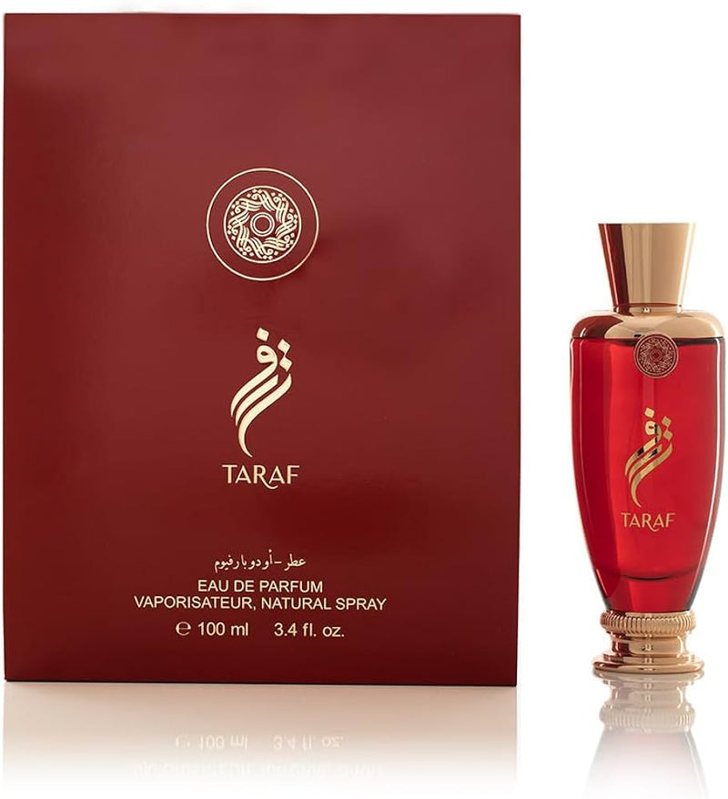 Load image into Gallery viewer, A luxurious fragrance bottle of Arabian Oud Taraf 100ml Eau De Parfum from Rio Perfumes is showcased elegantly in front of an exquisite box.
