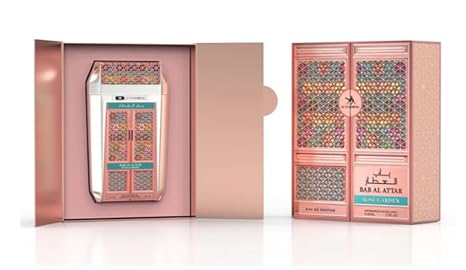 A pink geometric box holds a matching perfume bottle, both adorned with vibrant tiled designs, representing Le Chameau Bab Al Attar Rose Garden Eau De Parfum from Le Chameau.