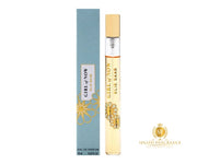 A 10ml bottle and box of ELIE SAAB Girl of Now EDP feature elegant gold floral patterns and the "Splash Fragrance" logo.