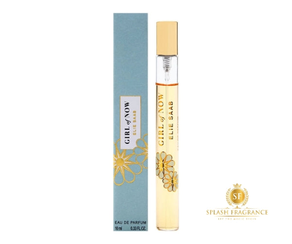 A 10ml bottle and box of ELIE SAAB Girl of Now EDP feature elegant gold floral patterns and the "Splash Fragrance" logo.