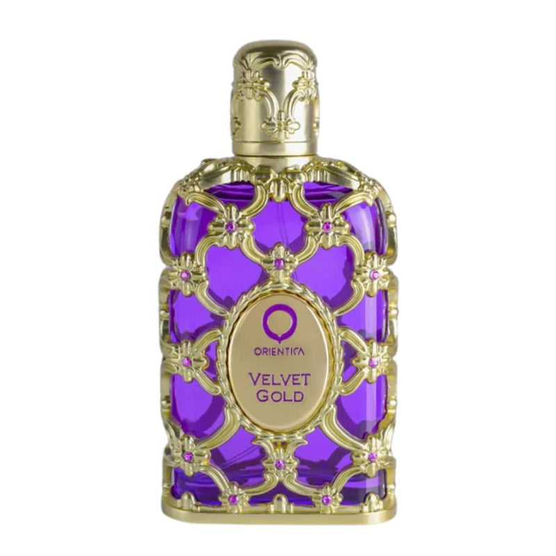 Load image into Gallery viewer, Ornate purple and gold Rio Perfumes Orientica Velvet Gold 80ml Eau De Parfum perfume bottle.
