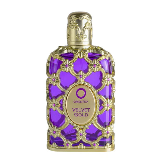 Ornate purple and gold Rio Perfumes Orientica Velvet Gold 80ml Eau De Parfum perfume bottle.