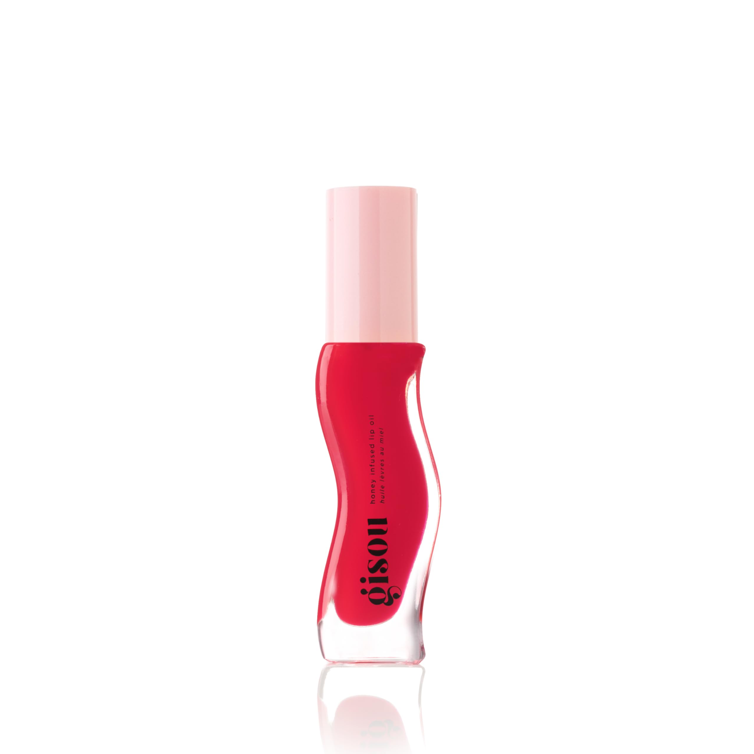 A clear, wavy glass bottle filled with red lip oil features a pink cap and "gisou" branding, displaying the Gisou Honey Infused Lip Oil 8ml - Strawberry Sorbet by Gisou against a white background.