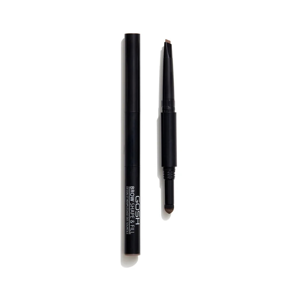 Two GOSH Shape and Fill 002 Grey Brown brow pencils, one displayed with the cap on and the other with the cap off to reveal a slanted tip and a sponge applicator—ideal for effortlessly applying brow powder and achieving fuller, precisely defined brows.