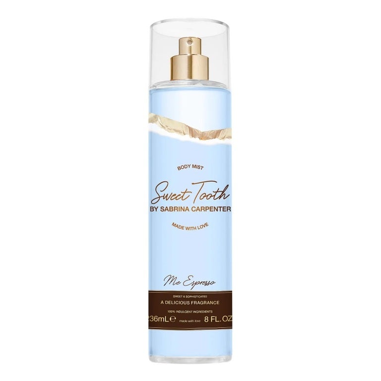 Sabrina Carpenter Sweet Tooth Me Espresso 265ml Body Mist features a coffee scent with floral espresso notes, plus a transparent cap and gold spray nozzle.