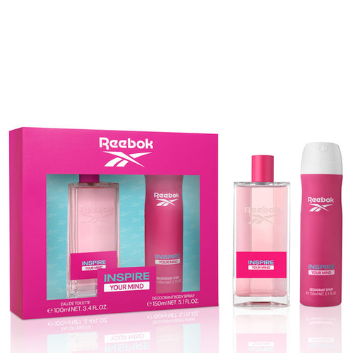 A pink gift set with a bottle of Reebok Inspire Your Mind 100ml Eau de Toilette Gift Set.