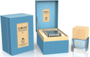 The blue patterned packaging of Rio Perfumes' Milestone Great Pleasure II reveals a 100ml Eau De Parfum in a clear glass bottle with a wooden cap, complemented by its closed box. The warm vanilla scent suits all genders.