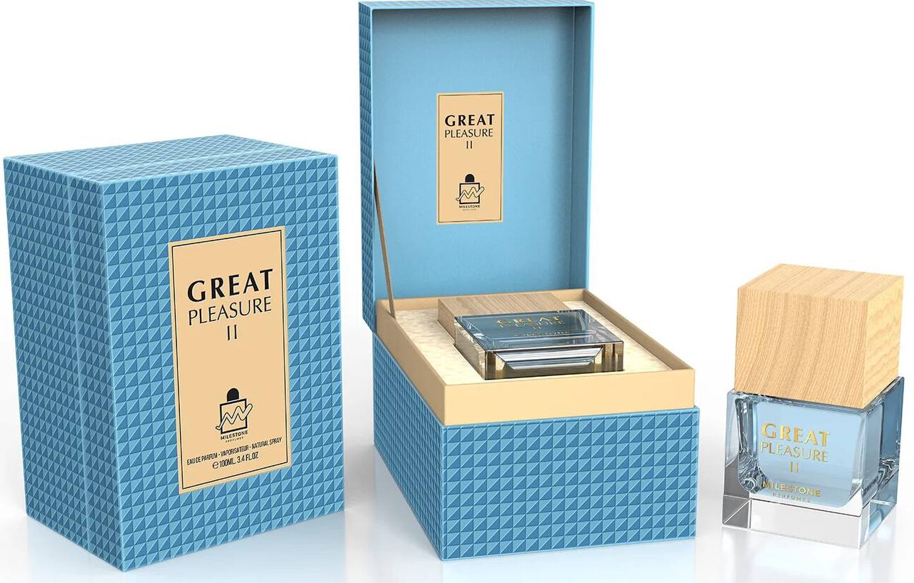 The blue patterned packaging of Rio Perfumes' Milestone Great Pleasure II reveals a 100ml Eau De Parfum in a clear glass bottle with a wooden cap, complemented by its closed box. The warm vanilla scent suits all genders.