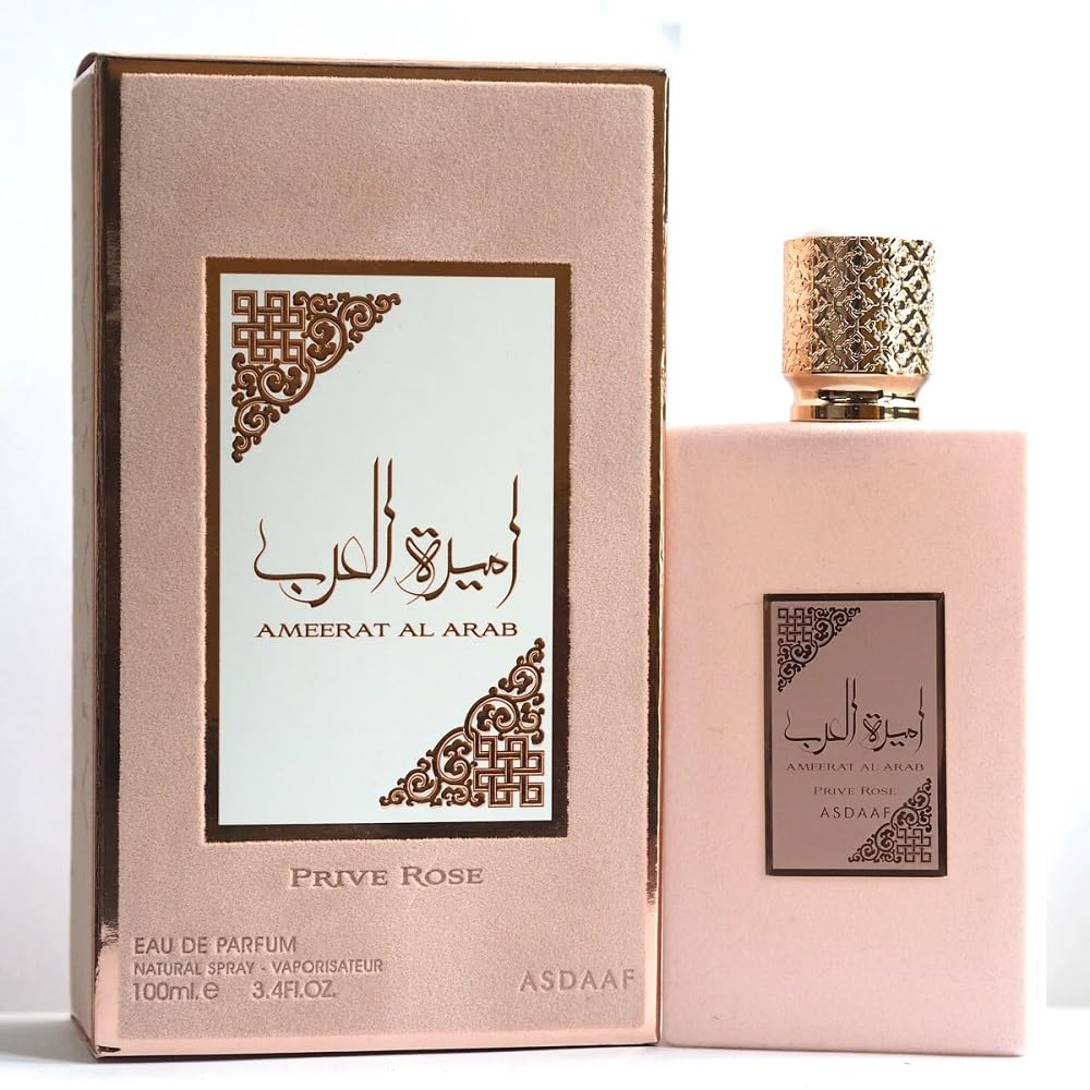 Asdaaf Ameerat Al Arab Prive Rose by Rio Perfumes is an Eau De Parfum with gold-accented packaging, blending a Floral Fruity fragrance that exudes elegance and allure.