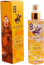 Beverly Hills Polo Club Women's No.8 Exotic Fragrance Premium Body Mist 200ml features yellow floral graphics and a woman blowing a kiss on the packaging, offering a luxurious scent for those seeking a premium body mist experience.