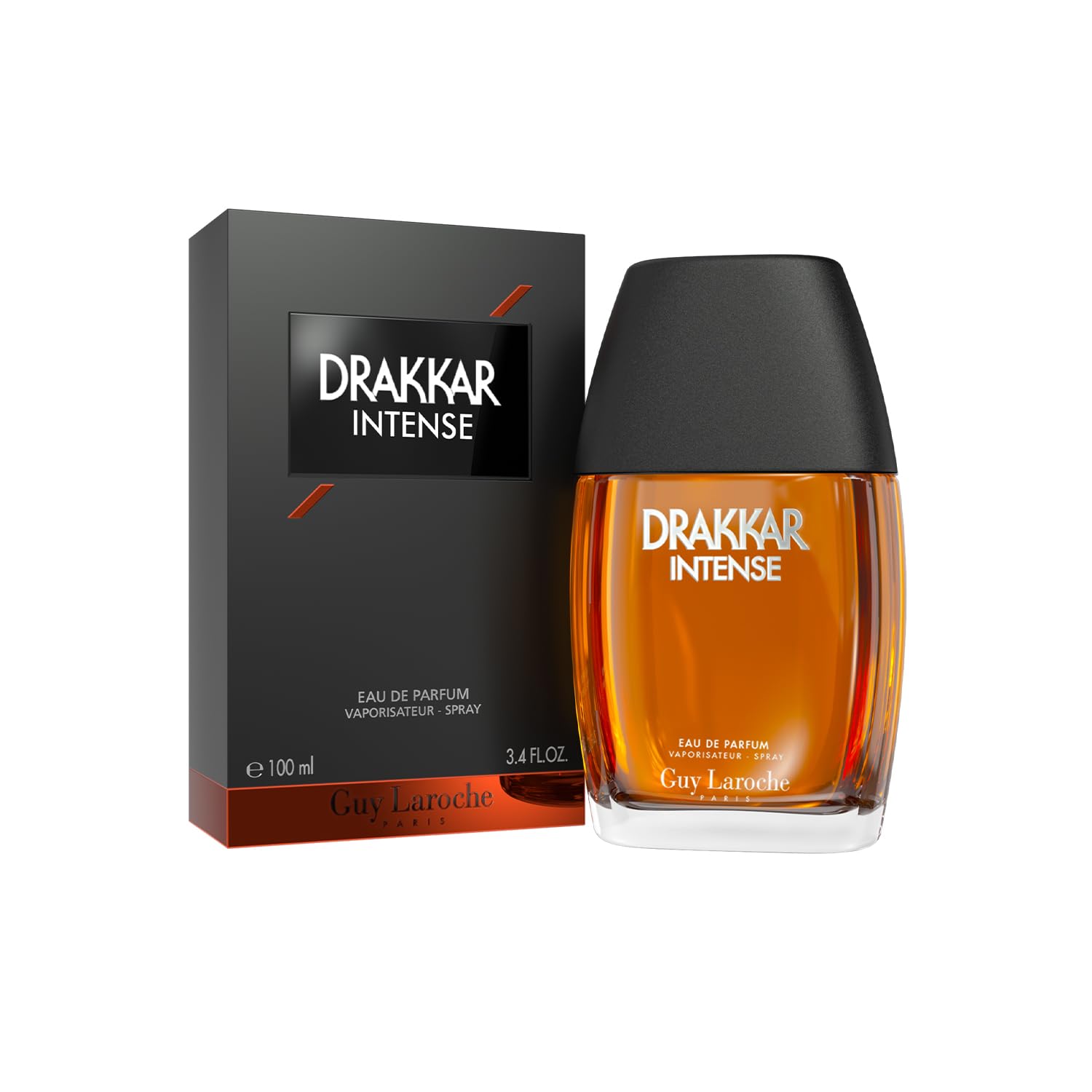 A bottle of Guy Laroche Drakkar Intense 100ml EDT, filled with amber liquid, stands beside its sleek black and orange box labeled “Guy Laroche” and “Eau de Toilette Vaporisateur Spray, 100ml, 3.4 Fl.oz.”, highlighting the sophisticated allure of this iconic fragrance from Guy Laroche.