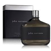 A bottle of John Varvatos 125ml EDT by John Varvatos, a sophisticated leather amber fragrance, is displayed in front of its matching black and silver packaging box.
