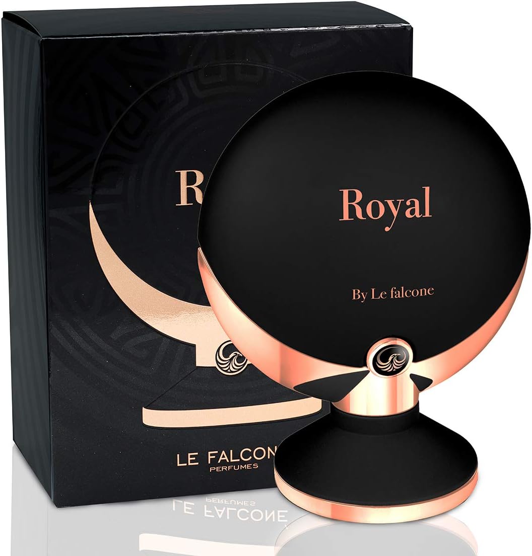 Le Falcone Royal 100ml Eau De Parfum by Le Falcone is displayed in a stylish black and gold round bottle beside its matching box, offering an elegant fragrance for men and women.