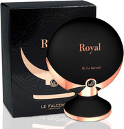 Le Falcone Royal 100ml Eau De Parfum by Le Falcone is displayed in a stylish black and gold round bottle beside its matching box, offering an elegant fragrance for men and women.