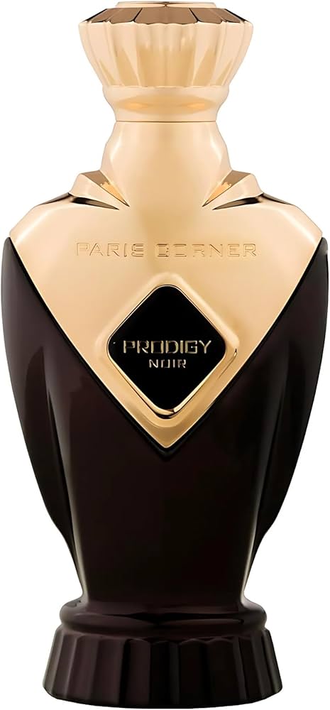 Paris Corner Prodigy Noir 100ml Eau De Parfum features a sculpted dark bottle with gold accents—an elegant, unisex fragrance by Paris Corner.